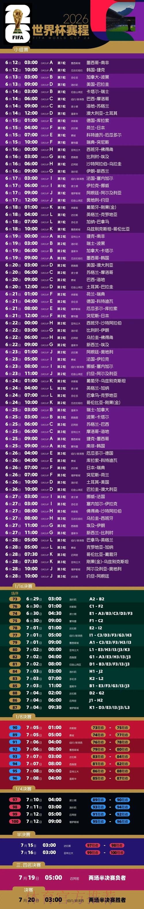 2026世界杯完整赛程及详细时间安排 2026世界杯完整赛程及详细时间安排